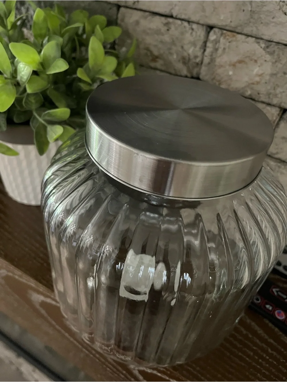 Large Ribbed Glass Storage Jar w/ Stainless Lid ~🆕~ Many Uses